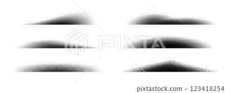 Halftone shadows set. Black dotted gradient stripes collection. Half tone textured shades pack for divide and separate. Horizontal pixelated grain line patterns. Vector noise dots and particles strips Halftone shadows set. Black dotted gradient stripes collection. Half tone textured shades pack for divide and separate. Horizontal pixelated grain line patterns. Vector noise dots and particles strips 123418254
