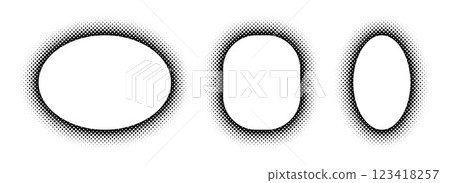 Black halftone ellipse frame set. Dotted gradient border collection. Pop art comic dot picture holder design for banner template, copy space, emblem, poster element. Vector rasterized framing back 123418257