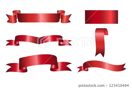 Set of decorative red ribbon banners isolated on white. Red Bow With Ribbons Set. Vector red ribbons. Ribbon banner set. Red ribbons, Vector. Blank retro flag, tape for text, price tag, sale label 123418494