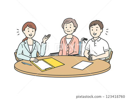 Illustration of an elderly woman and a male caregiver receiving an explanation from a care manager 123418760