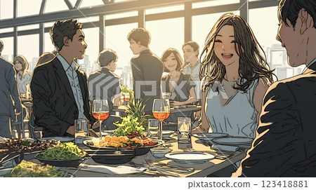 A businesswoman having a power lunch with a client in a slightly upscale restaurant 123418881