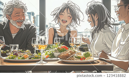 A businesswoman having a power lunch with a client in a slightly upscale restaurant 123418882