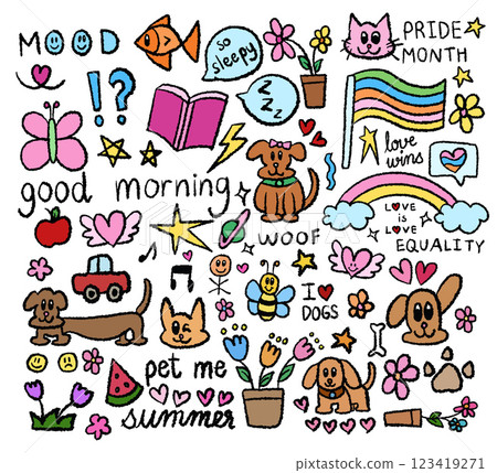 Hand drawn crayon illustration of butterfly, fish, puppy, cat, book, rainbow, Pride Month flag, car, apple, flowers, heart, dog's paw, star, bee, watermelon for animals, pet shop, cartoon characters	 123419271