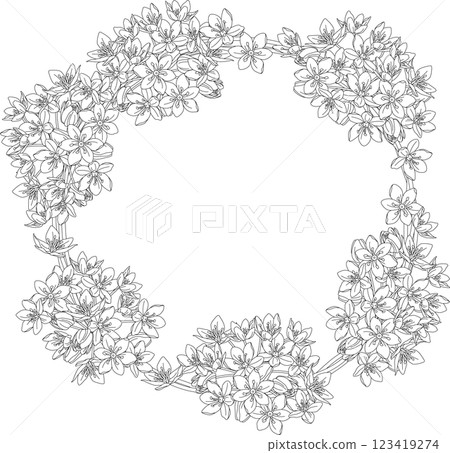 Background material <Flower frame (wreath), Allium kowanii, chives, line drawing> Background material <Flower frame (wreath), Allium kowanii, chives, line drawing> 123419274