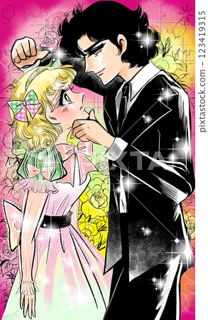 昭和少女漫畫中一對年輕情侶的恩愛場景,兩人抓著下巴,捶打牆壁,背景是一束玫瑰花 昭和少女漫畫中一對年輕情侶的恩愛場景,兩人抓著下巴,捶打牆壁,背景是一束玫瑰花 123419315