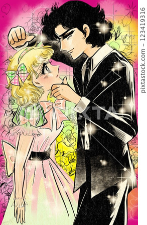 A lovey-dovey scene of a young couple in Showa era girls' manga with a chin grab and a wall pounding, a background of roses 123419316