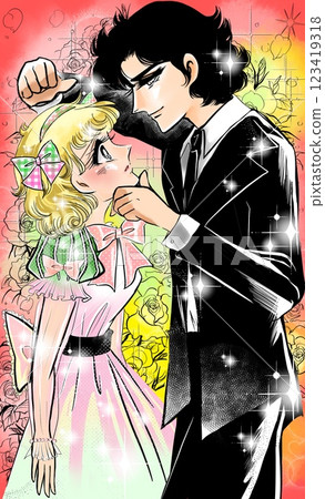 A lovey-dovey scene of a young couple in Showa era girls' manga with a chin grab and a wall pounding, a background of roses 123419318