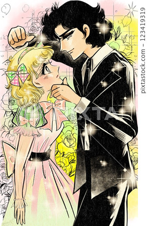 A lovey-dovey scene of a young couple in Showa era girls' manga with a chin grab and a wall pounding, a background of roses 123419319