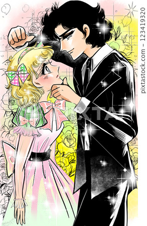 A lovey-dovey scene of a young couple in Showa era girls' manga with a chin grab and a wall pounding, a background of roses 123419320