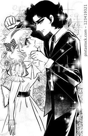 A lovey-dovey scene of a young couple in Showa era girls' manga with a chin grab and a wall pounding, a background of roses 123419321