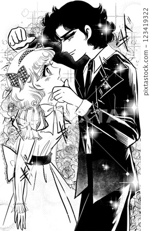 A typical lovey-dovey scene of a young couple in Showa era shojo manga, with the usual chin-pushing and wall-don action, and a rose background 123419322