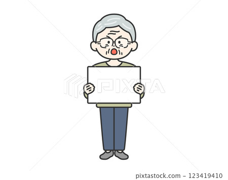 Illustration of an elderly man (line drawing) holding a placard and demonstrating Illustration of an elderly man (line drawing) holding a placard and demonstrating 123419410