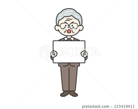 Illustration of an elderly businessman (line drawing) holding a placard and demonstrating Illustration of an elderly businessman (line drawing) holding a placard and demonstrating 123419411