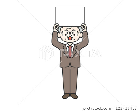 Illustration of an elderly businessman (line drawing) holding a placard and demonstrating Illustration of an elderly businessman (line drawing) holding a placard and demonstrating 123419413