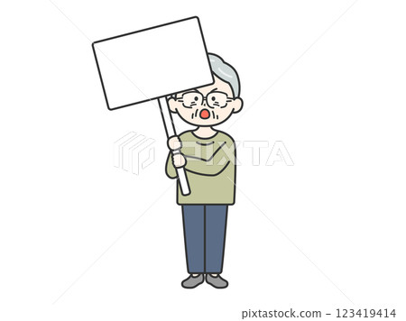 Illustration of an elderly man (line drawing) holding a placard and protesting Illustration of an elderly man (line drawing) holding a placard and protesting 123419414