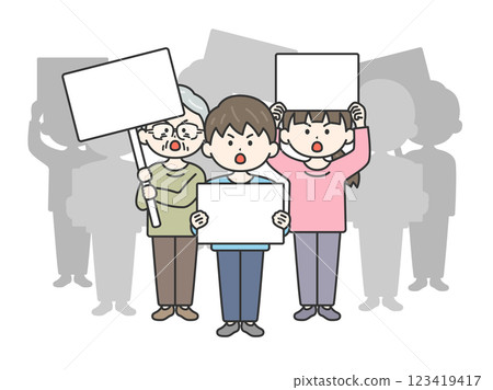 Illustration of people (line drawing) holding placards and protesting Illustration of people (line drawing) holding placards and protesting 123419417