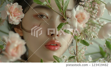 帶有粉紅色花朵的自然妝容日本女性 123419482