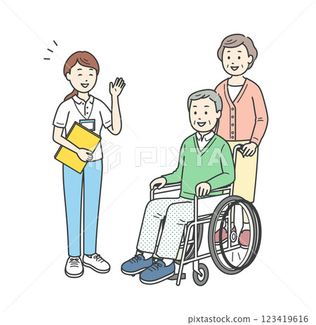 圖說：一位坐在輪椅上的老年男子和一位老年婦女正在接受護理經理的解釋 123419616