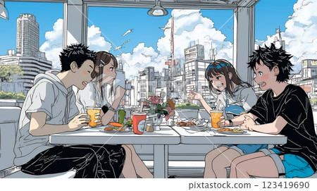 年輕人和親密朋友在速食店吃飯 年輕人和親密朋友在速食店吃飯 123419690