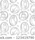 Pattern with black outline cats in different poses and paws. Cute children's illustrations. It can be used to decorate wrapping paper, cards, notepads, notebooks, albums, etc. 123419790