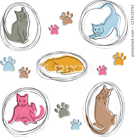 Hand drawn set of colorful cats in different poses and their paws. Cute children's illustrations. They can be used for design of wrapping paper, cards, notepads, notebooks, albums, etc. Hand drawn set of colorful cats in different poses and their paws. Cute children's illustrations. They can be used for design of wrapping paper, cards, notepads, notebooks, albums, etc. 123419792