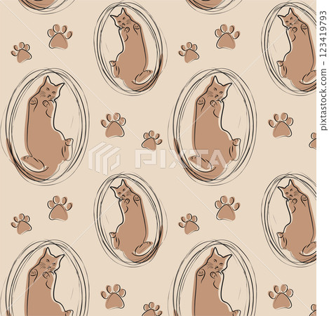 Pattern with brown cats and paws. Cute children's illustrations. It can be used to decorate wrapping paper, cards, notepads, notebooks, albums, etc. Pattern with brown cats and paws. Cute children's illustrations. It can be used to decorate wrapping paper, cards, notepads, notebooks, albums, etc. 123419793