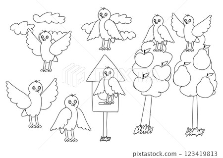 Birds and Fruit Trees Coloring Page for Kids 123419813