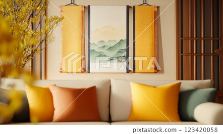 Traditional Korean living room with vibrant Bok banners and mountain painting 123420058