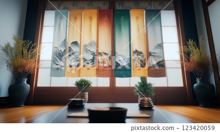 Traditional Korean room with colorful landscape banners and minimalist decor Traditional Korean room with colorful landscape banners and minimalist decor 123420059