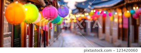 Festive Korean street with colorful decorations and Bok banners for celebration 123420060