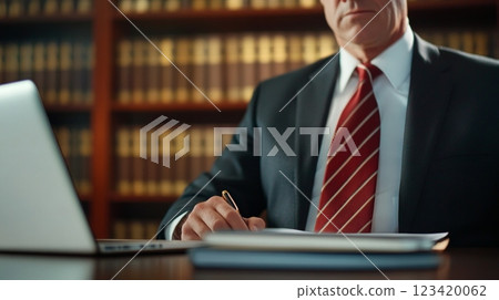 Professional lawyer reviewing case files with laptop and legal books in office 123420062