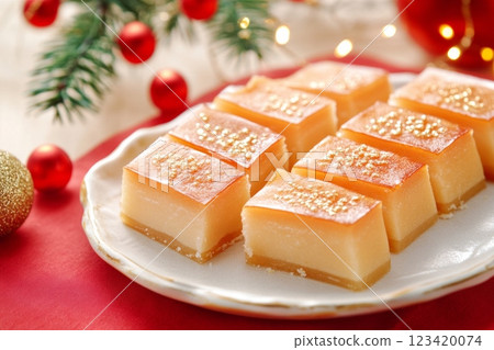 A beautifully arranged plate of Nian Gao sticky rice treats garnished with sesame seeds A beautifully arranged plate of Nian Gao sticky rice treats garnished with sesame seeds 123420074