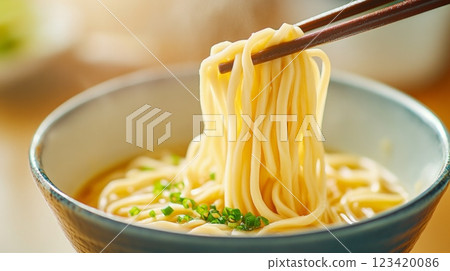 Close-up view of Toshikoshi Soba being lifted from a bowl with chopsticks Close-up view of Toshikoshi Soba being lifted from a bowl with chopsticks 123420086