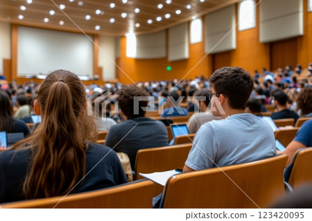 A vibrant college lecture hall during an engaging class session filled with attentive students 123420095
