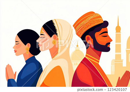 Celebration of cultural diversity through traditional attire and prayer at a historic location 123420107