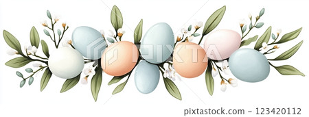 Group of pastel-colored Easter eggs arranged in a circular wreath with fresh greenery and small blossoms for a lovely springtime decoration Group of pastel-colored Easter eggs arranged in a circular wreath with fresh greenery and small blossoms for a lovely springtime decoration 123420112