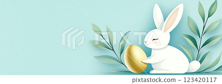 Cute white rabbit with large ears holds a golden egg surrounded by green leaves on a light blue background Cute white rabbit with large ears holds a golden egg surrounded by green leaves on a light blue background 123420117