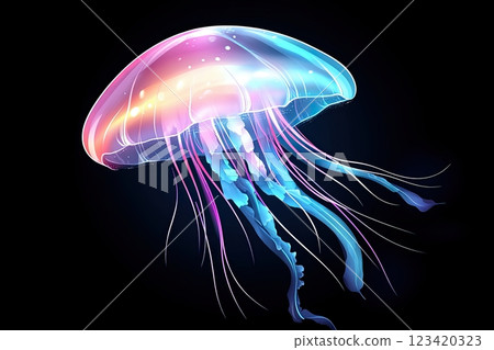 Translucent jellyfish glows in pink and blue gradients, softly illuminated in deep ocean water with light rays piercing through the darkness 123420323