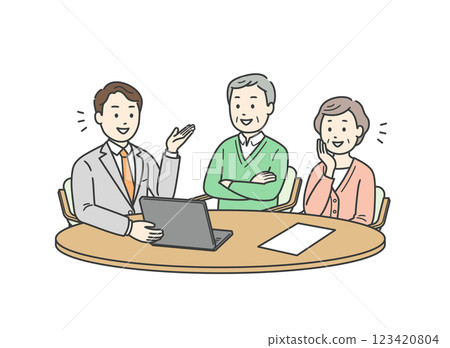 Illustration of an elderly couple receiving an explanation from a man in a suit holding a laptop 123420804