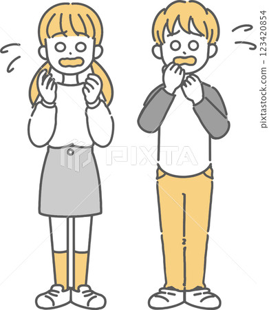 不耐煩的小學男孩和女孩的線條畫插圖 不耐煩的小學男孩和女孩的線條畫插圖 123420854