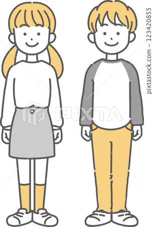 站立的小學生男孩和女孩的線條描插圖 123420855