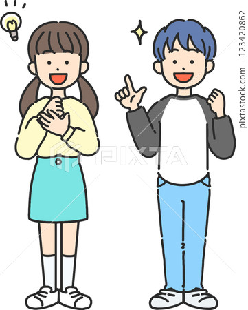 Line drawing illustration of elementary school boys and girls who have come up with an idea Line drawing illustration of elementary school boys and girls who have come up with an idea 123420862