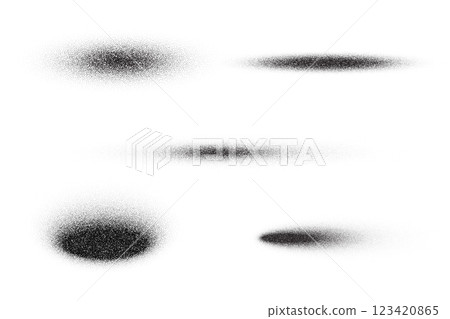 Circle vector shadows with grainy noise texture. Round black shades isolated on white background. Dotted stipple shapes set. Spray paint dusty soft blobs with sand gradation Circle vector shadows with grainy noise texture. Round black shades isolated on white background. Dotted stipple shapes set. Spray paint dusty soft blobs with sand gradation 123420865