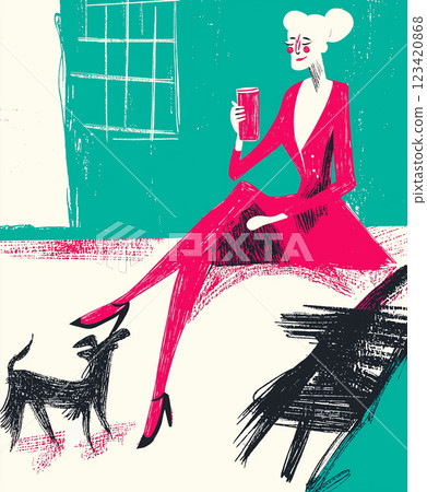 An elegant elder woman with white hair sits with her little pet dog, dressed in a formal business coat and high heels. The business lady holds a drink with a smirk enjoying a leisurely moment. 123420868