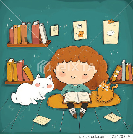 A redheaded cartoon girl sits in her cozy bedroom with her cats, happily reading a book. A cheerful child and her friendly pets enjoying a quiet moment together. AI-generated illustration 123420869