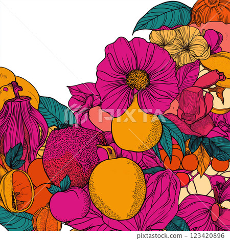 A lush summer garden filled with pink and orange flowers in full bloom, bountiful crops. The colorful and fragrant scene with space for text, creates a beautiful and splendid background. AI-generated A lush summer garden filled with pink and orange flowers in full bloom, bountiful crops. The colorful and fragrant scene with space for text, creates a beautiful and splendid background. AI-generated 123420896