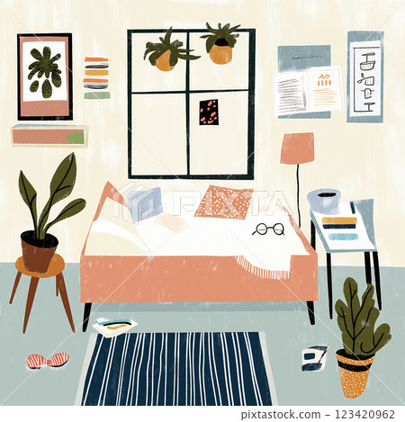 A pastel-colored cartoon living room features a comfy couch, cute decor, and houseplants. A drawing of an adorable and modern apartment with soft tones, a hipster feel, and greenery, giving it a fun A pastel-colored cartoon living room features a comfy couch, cute decor, and houseplants. A drawing of an adorable and modern apartment with soft tones, a hipster feel, and greenery, giving it a fun 123420962