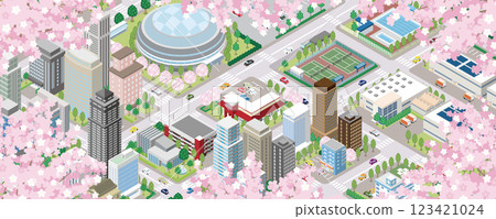 春季城市景觀插圖，櫻花盛開。 123421024