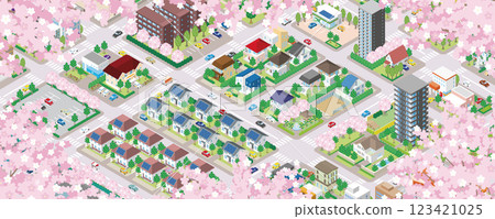 春季城市景觀插圖，櫻花盛開。 123421025