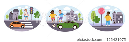 Children road safety vector illustrations set. Pedestrian crossing, stop sign and traffic lights, playing near road. Flat cartoon girls and boys characters. Traffic rules for kids, urban environment Children road safety vector illustrations set. Pedestrian crossing, stop sign and traffic lights, playing near road. Flat cartoon girls and boys characters. Traffic rules for kids, urban environment 123421075
